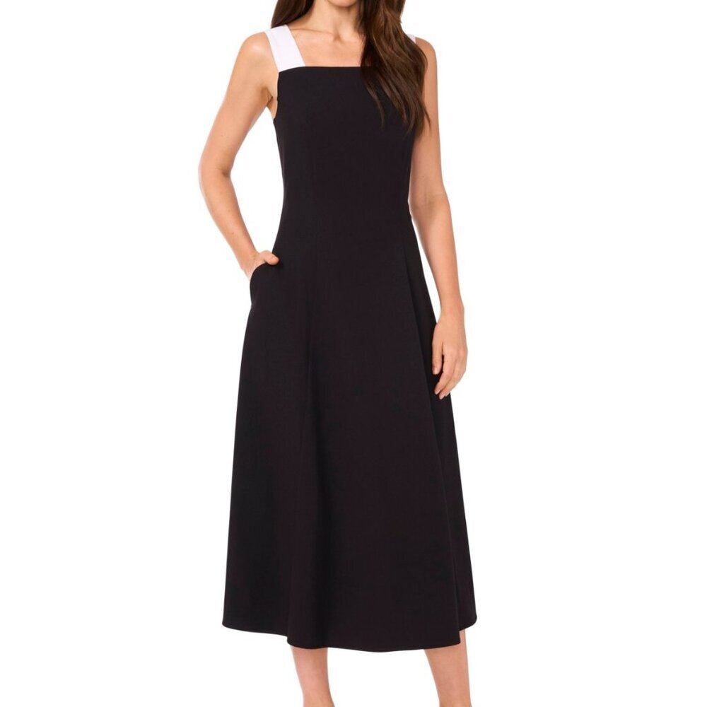 MSK Petites Black White Colorblock Crepe Midi Dress PL NWT Sleeveless Pockets - Picture 6 of 9
